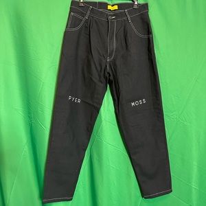 PYER MOSS black denim logo embroidered contrast stitch jeans NWT